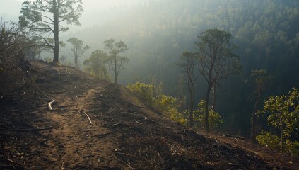 Wooden pathways through a decayed forest environment, highlighting erosion and ecological concerns