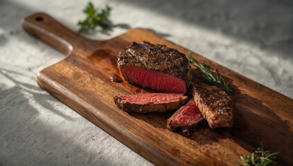 Fototapeta premium Juicy steak with spices, presented on wood, focusing on culinary craftsmanship