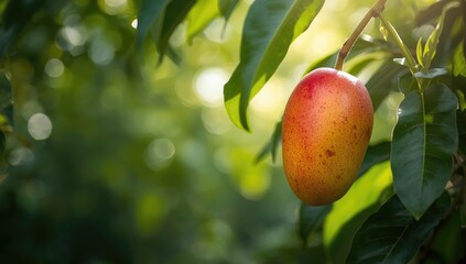 Obraz premium Close-up of a nearly mature red mango, highlighting fruit development in tropical agriculture