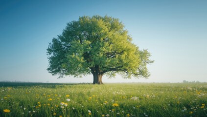 Spring tree with fresh green leaves on a blooming meadow, highlighting seasonal growth for landscape design