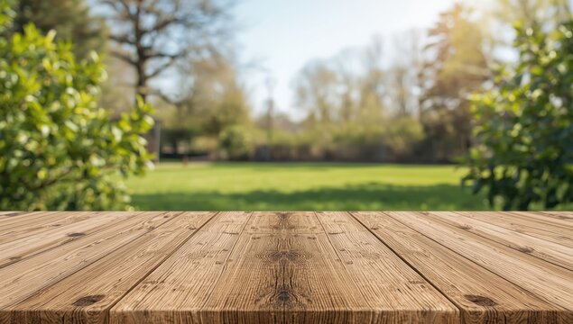 Outdoor spring setting featuring fresh green leaves and a vacant wooden table, suitable for editorial backgrounds