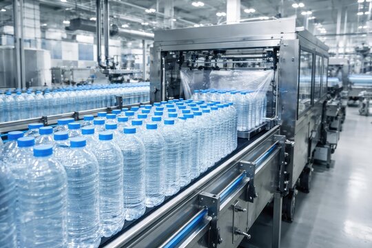 Bottled water moving through automated packaging line in a contemporary production facility