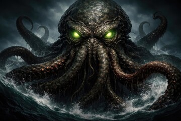 2D digital rendering of a legendary sea octopus with fiery green eyes and numerous tentacles on its face