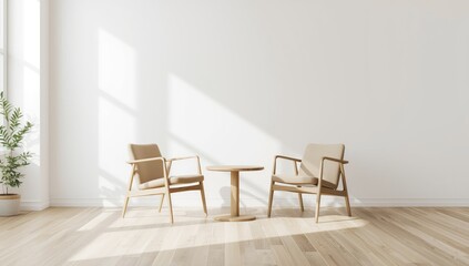 Fototapeta premium Interior scene with oak chairs against a white wall reflecting natural light, highlighting Scandinavian design principles, furniture arrangement