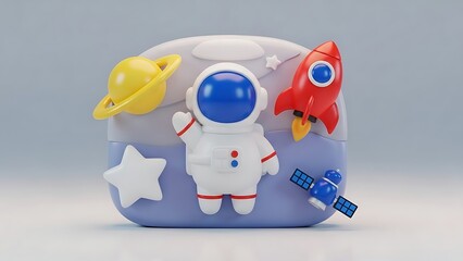 Playful 3D outer space scene with an astronaut, rocket ship, planet Saturn, and satellite on a blue background.