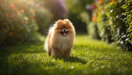 Red Pomeranian Spitz in the garden, showcasing dog activity in natural settings