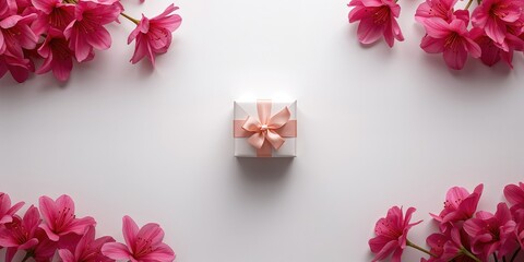 Gift box with a ribbon and pink azalea flowers on a white backdrop, designed for greeting cards and special occasions