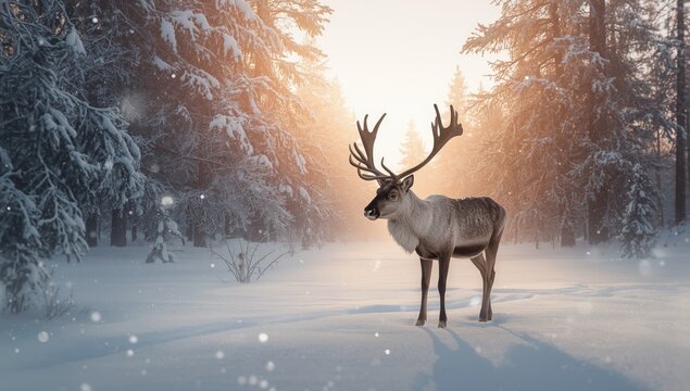 Reindeer standing amidst frost-covered trees during winter in Rovaniemi, Lapland, Finland, highlighting winter wildlife habitat