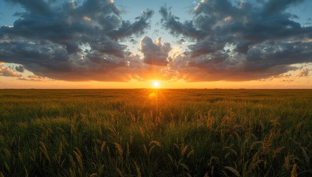 Dramatic sky over the prairie at sunset, with horizon sun illuminating grasses in an open landscape, emphasizing natural scenery