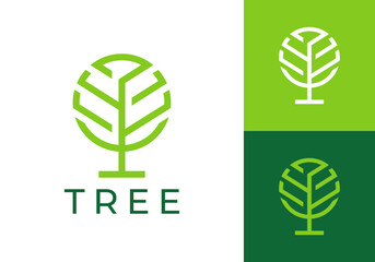 circle tree nature line art logo design concept