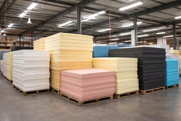 Furniture production facility storing foam rubber sheets in stacks