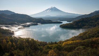 Bird's eye perspective of vibrant forest encircling a volcanic lake serving as a natural habitat, Earth Day