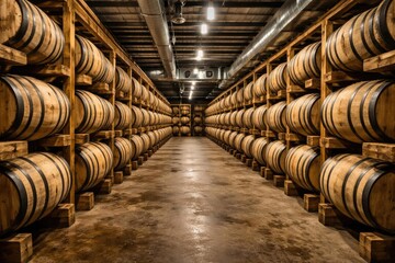 Barrels of bourbon resting in a climate controlled warehouse