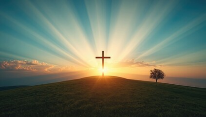 Sunrise landscape featuring a blue sky and clouds, suitable for nature-themed layouts