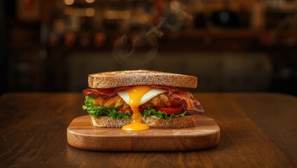 Toasted sandwich featuring eggs, bacon, and vegetables for a hearty morning meal, healthy eating week