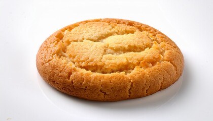 freshly baked round cookie with a golden crust and soft center on white background