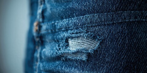 Close-up of ripped denim fabric, material wear for textile preservation or design reference