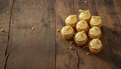 Banana cupcake on rustic wooden surface, ideal for culinary presentation or menu layout