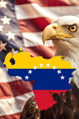 Map-shaped Venezuelan flag against the background of a bald eagle and the United States flag. Symbol of diplomacy, political conflict, international relations, and geopolitical tension.