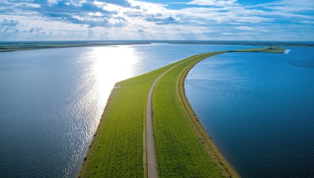 Water management structures with concrete barriers and levees, focusing on flood prevention measures, World Flood Awareness Day