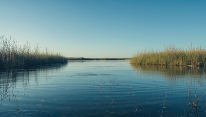 Serene lake surface with sky reflection and aquatic vegetation, suitable as a background for editorial design