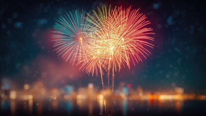 Vibrant fireworks exploding against a soft bokeh backdrop for festive occasions, seasonal display