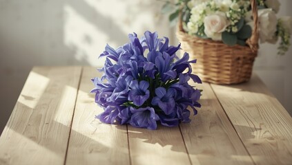 Colorful iris flower bouquet placed on a light wooden background, designed for floral design layout