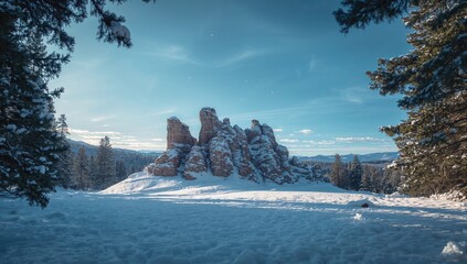 Snow-covered rock cluster in a rugged mountain area, used as an outdoor adventure backdrop, Winter Solstice
