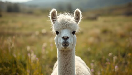 Obraz premium Alpaca with fluffy tuft of hair and alert expression, used as a background for text or layout design