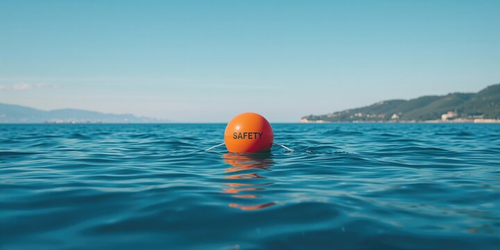 Floating orange buoy in the ocean used for navigation or rescue, highlighting maritime safety measures