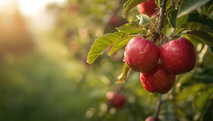 Red apples on a tree branch in a rural orchard, illustrating seasonal harvest, World Fruit Day