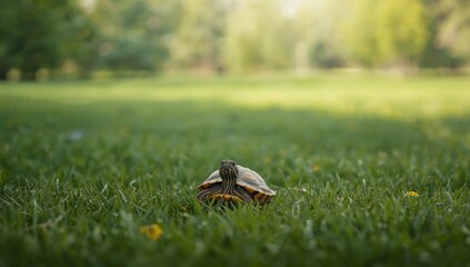 Colorful box turtle with a golden shell on lush grass during summer, highlighting nature and animal conservation