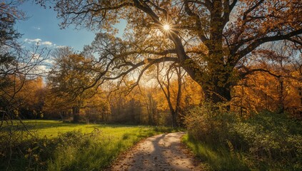 Obraz premium Sunlit autumn trail in a scenic garden, suitable for landscape backgrounds, seasonal change