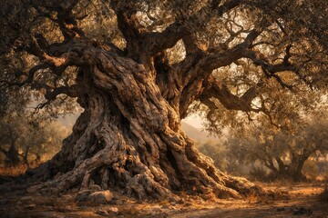 aged olive tree with complex twisted branches and rugged gnarled texture