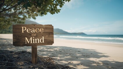 Peace of Mind wooden sign with a rustic background, intended for signage or interior decoration