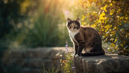 Furry black and brown cat perched on a wall gazing outward, highlighting pet curiosity, National Cat Day
