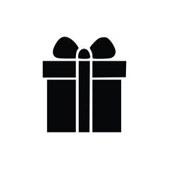 A simple, bold black icon representing a gift box with a ribbon and bow.