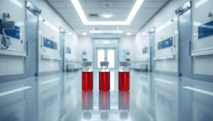Medical facility with blood collection bottles and clinical environment, focusing on laboratory safety protocols