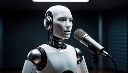 A robot stands in a studio with a microphone in front of it. The robot has glowing eyes and visible circuits. It appears to be engaged in a performance at a technology exhibit.