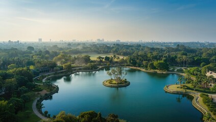 Obraz premium Park scene in Thailand featuring lush trees and walking paths, urban outdoor recreation area