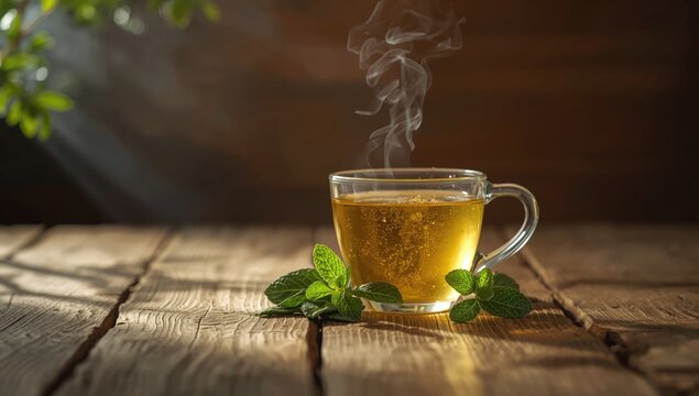 Fresh sage and mint herbal infusion served in a glass cup on wooden surface, promoting wellness and natural remedies - Powered by Adobe