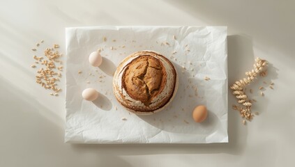 Bakery branding template with wheat and eggs displayed on a plain paper loaf for custom logo or branding, ideal for packaging layouts.