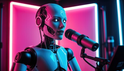 A robot stands in a studio with a microphone in front of it. The robot has glowing eyes and visible circuits. It appears to be engaged in a performance at a technology exhibit.