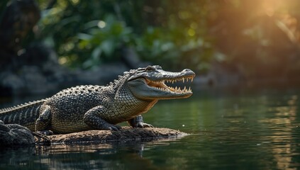 Obraz premium Crocodile habitat with stone enclosures and farm environment, highlighting wildlife preservation