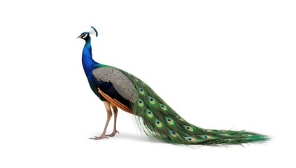 Indian male peacock showcasing iridescent tail feathers against a plain white backdrop, highlighting display behavior