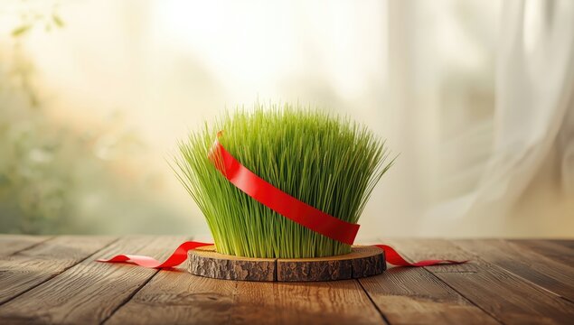 A dry grass field with a red ribbon as part of a spring New Year celebration, reflecting Azerbaijan's Novruz cultural customs