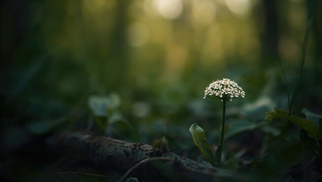 Cluster of white bedstraw or galium flowers in a shadowed woodland setting, macro photography with soft focus and blurred background