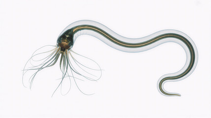 Freshwater hydra animal isolated on pure white background transparent gelatinous body long tentacles microscopic invertebrate zoology specimen clean scientific illustration studio lighting