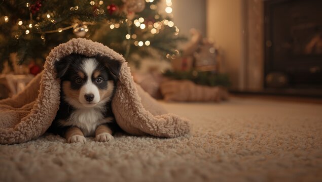 Puppy resting beneath festive Christmas lights with a soft blanket, holiday season
