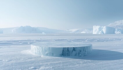 Ice block base for showcasing items in a commercial setting, highlighting material strength and environmental awareness
